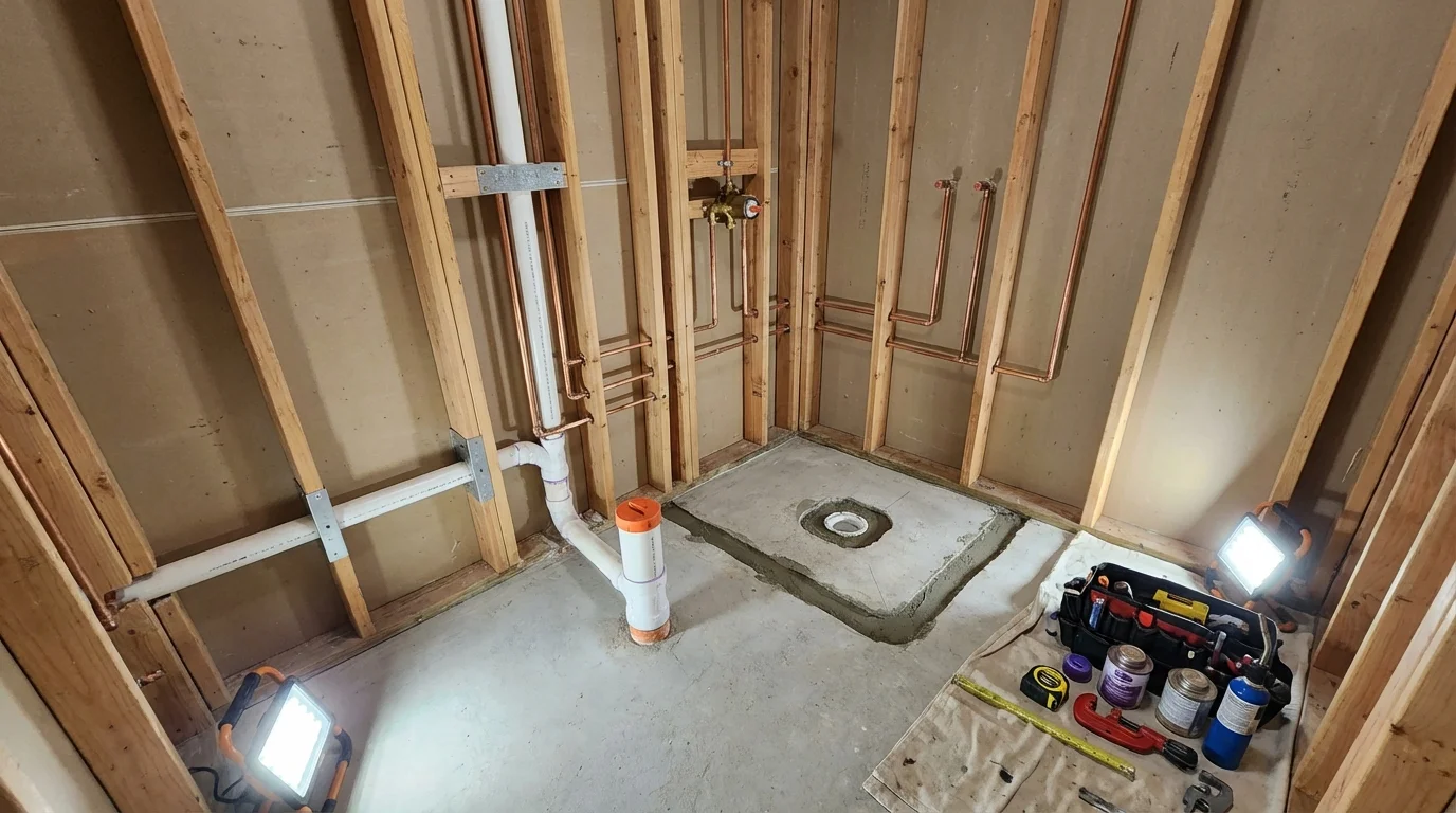 Bathroom rough-in plumbing during remodel by Johns Plumbing LLC in North Collins