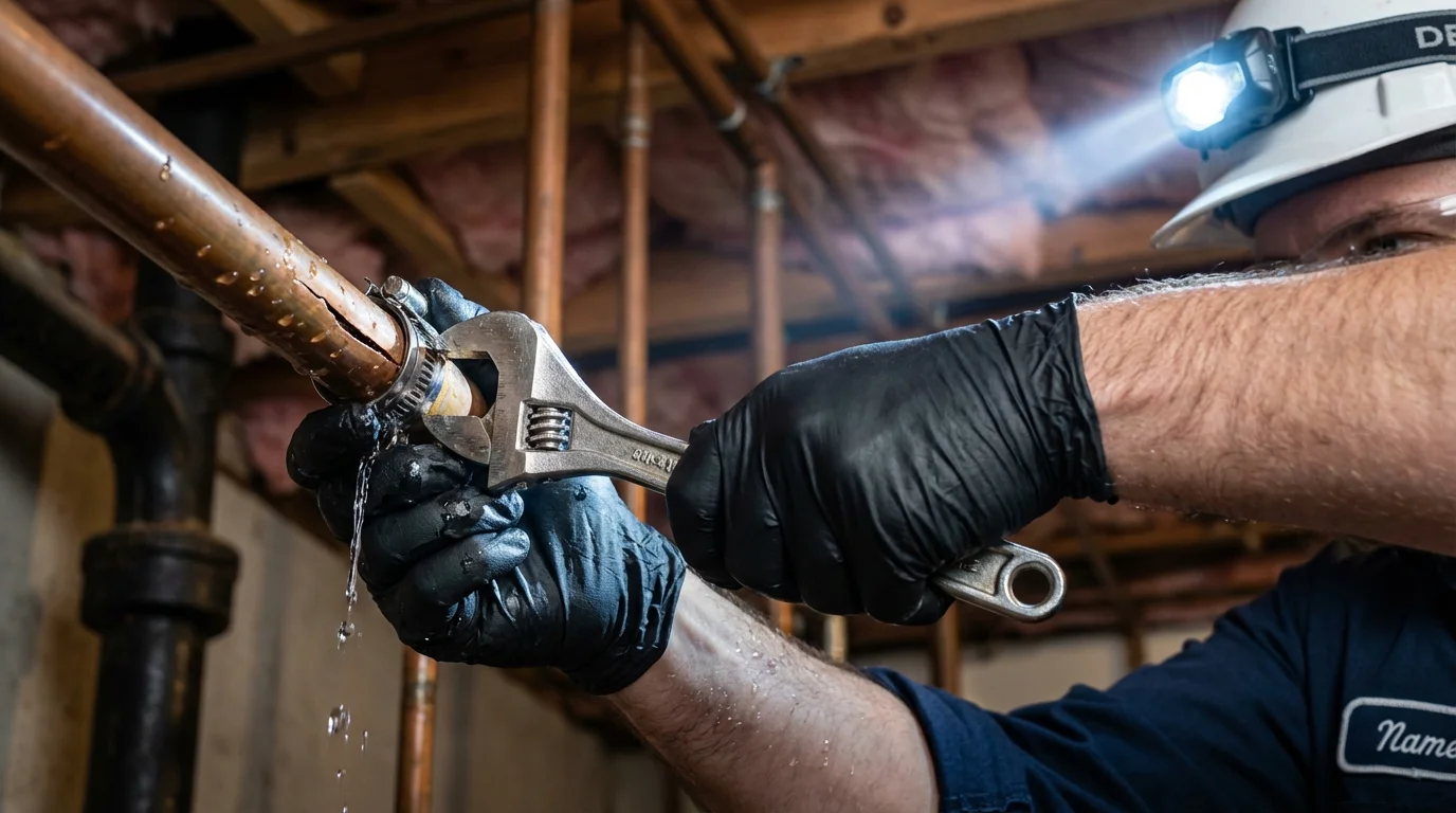 Emergency pipe clamp repair being performed by a Johns Plumbing LLC plumber in North Collins