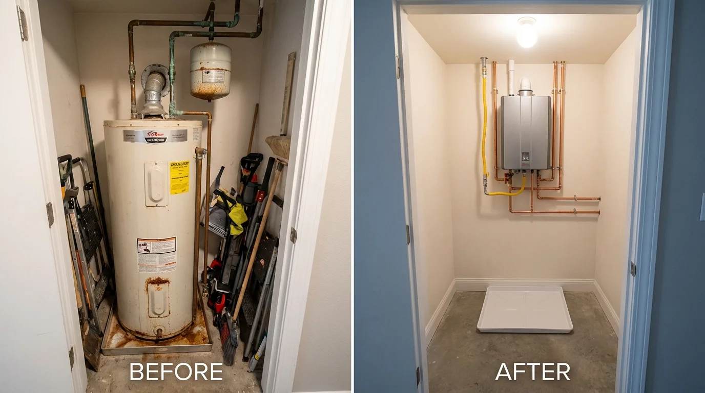 Tank water heater versus wall-mounted tankless unit comparison for North Collins, NY homeowners