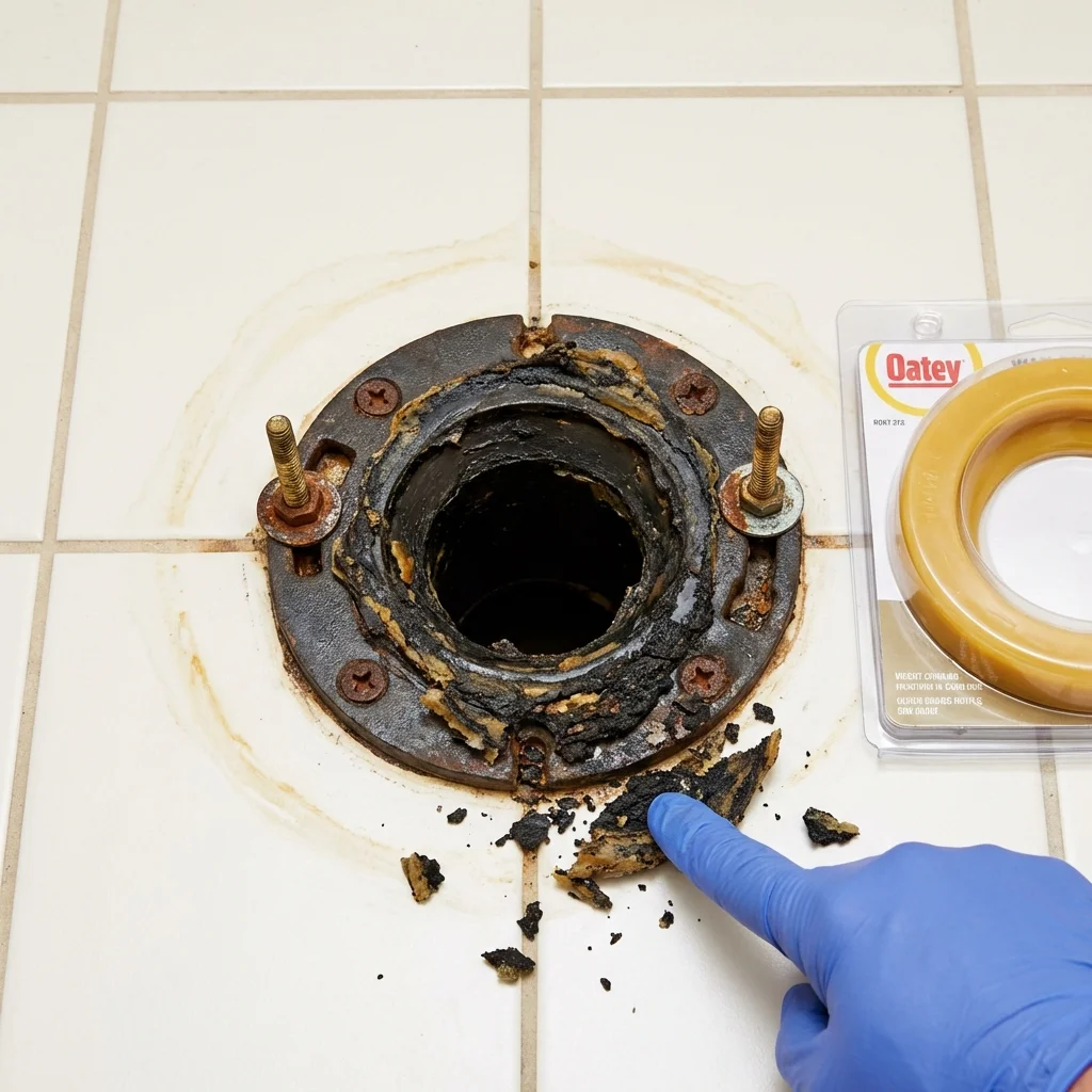 Failed wax ring showing water seepage at the base of a toilet in a North Collins, NY home