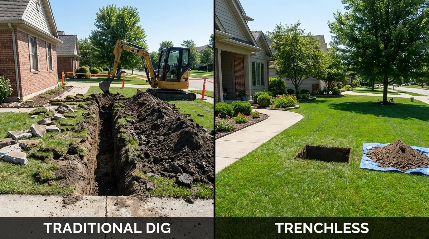 Trenchless sewer repair with minimal yard damage versus traditional excavation in North Collins, NY