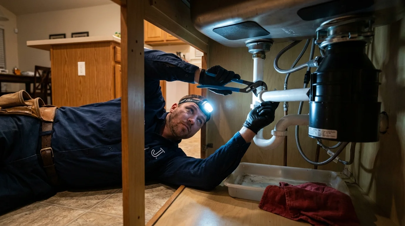 P-trap and supply line connections under a kitchen sink showing a common leak point in North Collins, NY